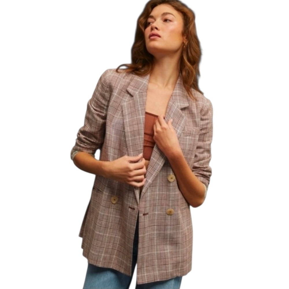Maeve Brown & Cream Mini Houndstooth Double Breasted Structured Blazer. Size 6